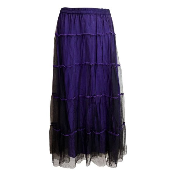 Sterling Styles Purple and Black Mesh Overlay Midi Tiered Prairie Skirt - Picture 2 of 7